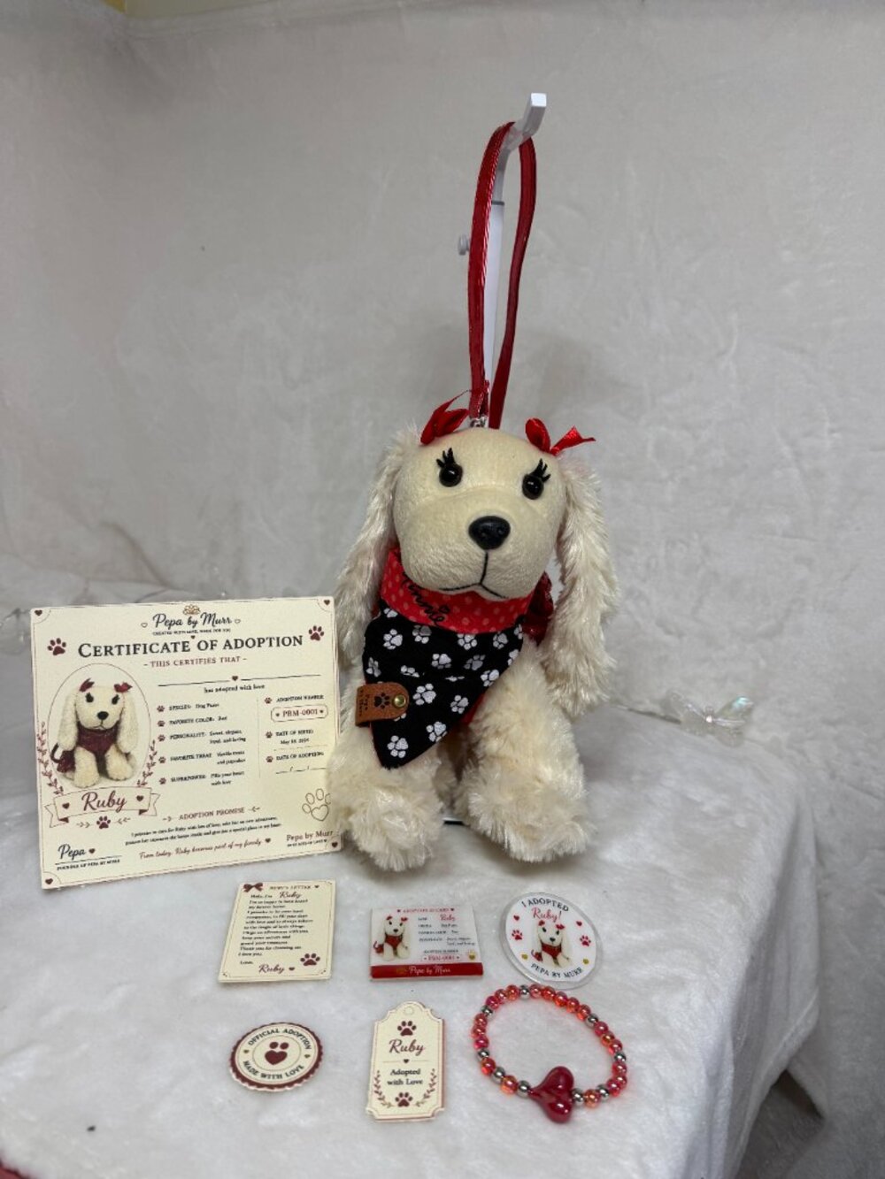 Ruby – Preloved Puppy Purse with Full Adoption Kit (Handmade Kawaii Set)